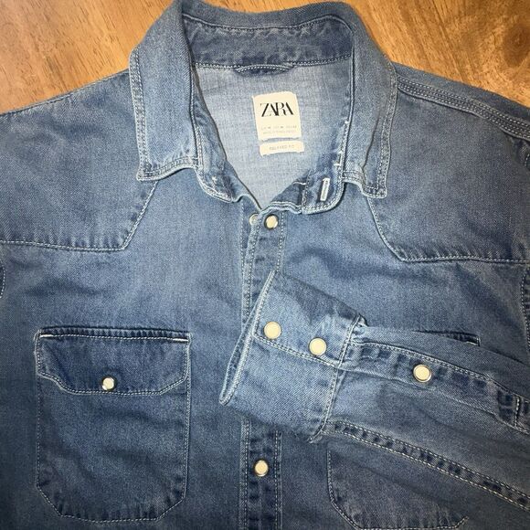 Women’s Denim Pearl Snap Cowboy Western Dark Wash Medium Zara - Picture 2 of 12